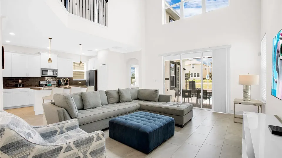 Modern living room with large windows