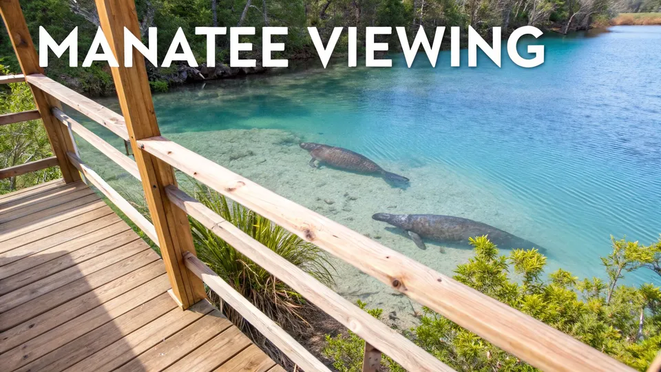 Two manatees swimming in clear blue water, viewed from a wooden boardwalk with text 'MANATEE VIEWING'.