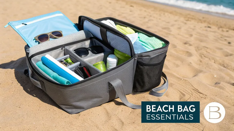 A well-organized gray beach bag filled with essentials like towels and sunglasses on a sandy beach.