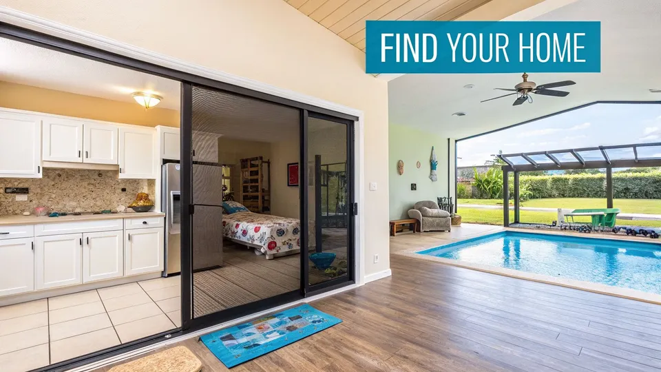 Inside a home looking out to a bright blue swimming pool and a green landscaped backyard.