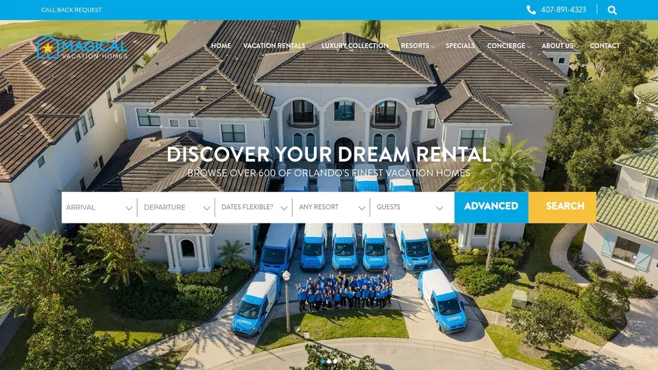 Magical Vacation Homes homepage showing a family-friendly vacation home with a pool