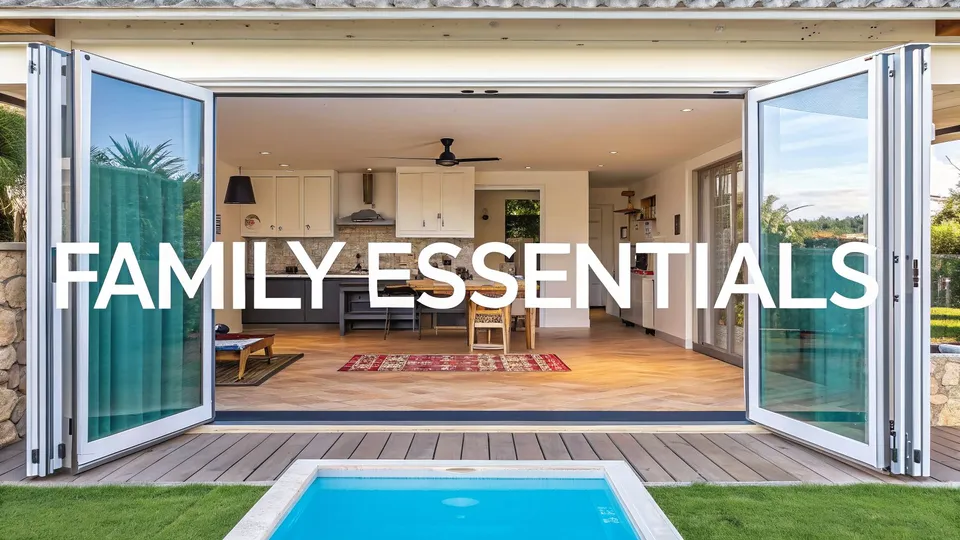 Bright, open-plan house with kitchen, dining area, and outdoor patio with a small pool.