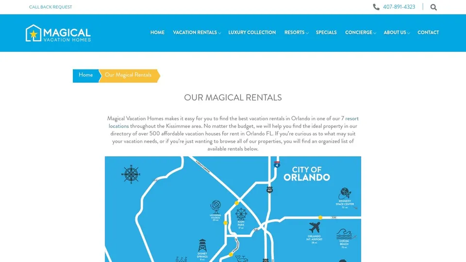 Magical Vacation Homes map showing properties near Orlando theme parks