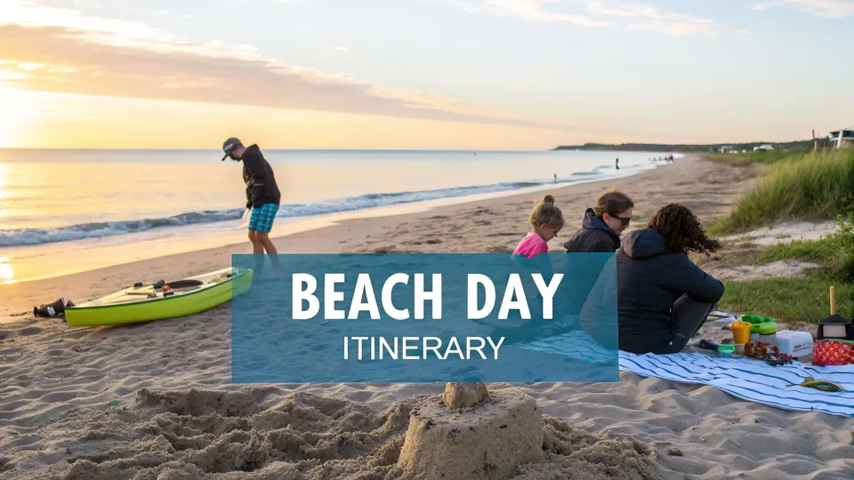 People enjoying a serene beach day at sunrise or sunset with a kayak and sandcastle.