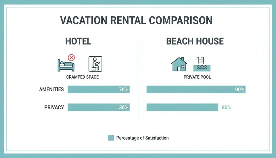 An infographic comparing vacation rental satisfaction for hotels versus beach houses on amenities and privacy.