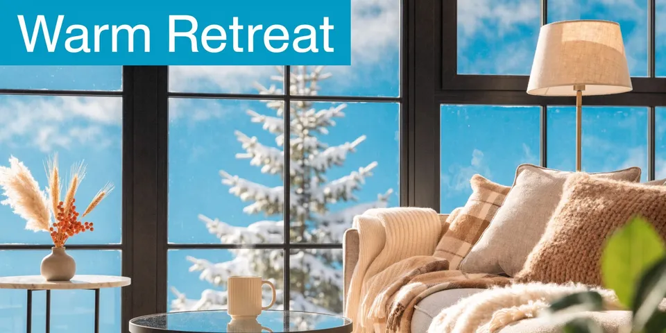 A cozy living room featuring a comfortable couch, a warm lamp, and a view of snowy pine trees.