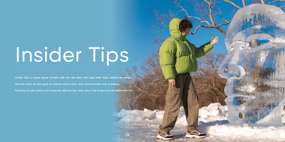 A person in a bright green puffer jacket interacting with a large, carved ice head sculpture outdoors.