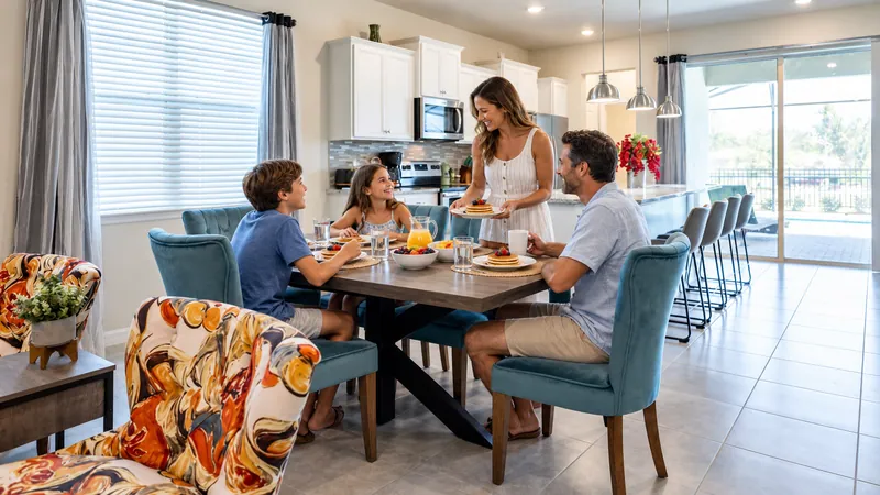 A family sharing breakfast around the dining table in their vacation home