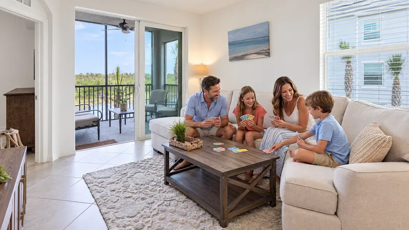 A family playing cards together in a bright vacation-home living room